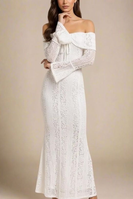 Woman wearing a figure flattering  Rose Long Sleeve Bodycon Maxi Dress - White Pearl BODYCON COLLECTION