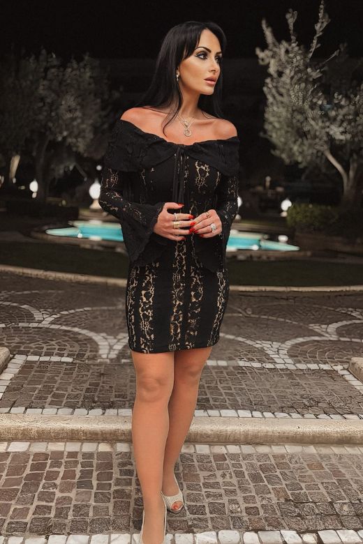 Woman wearing a figure flattering  Rose Long Sleeve Bodycon Mini Dress - White Pearl BODYCON COLLECTION