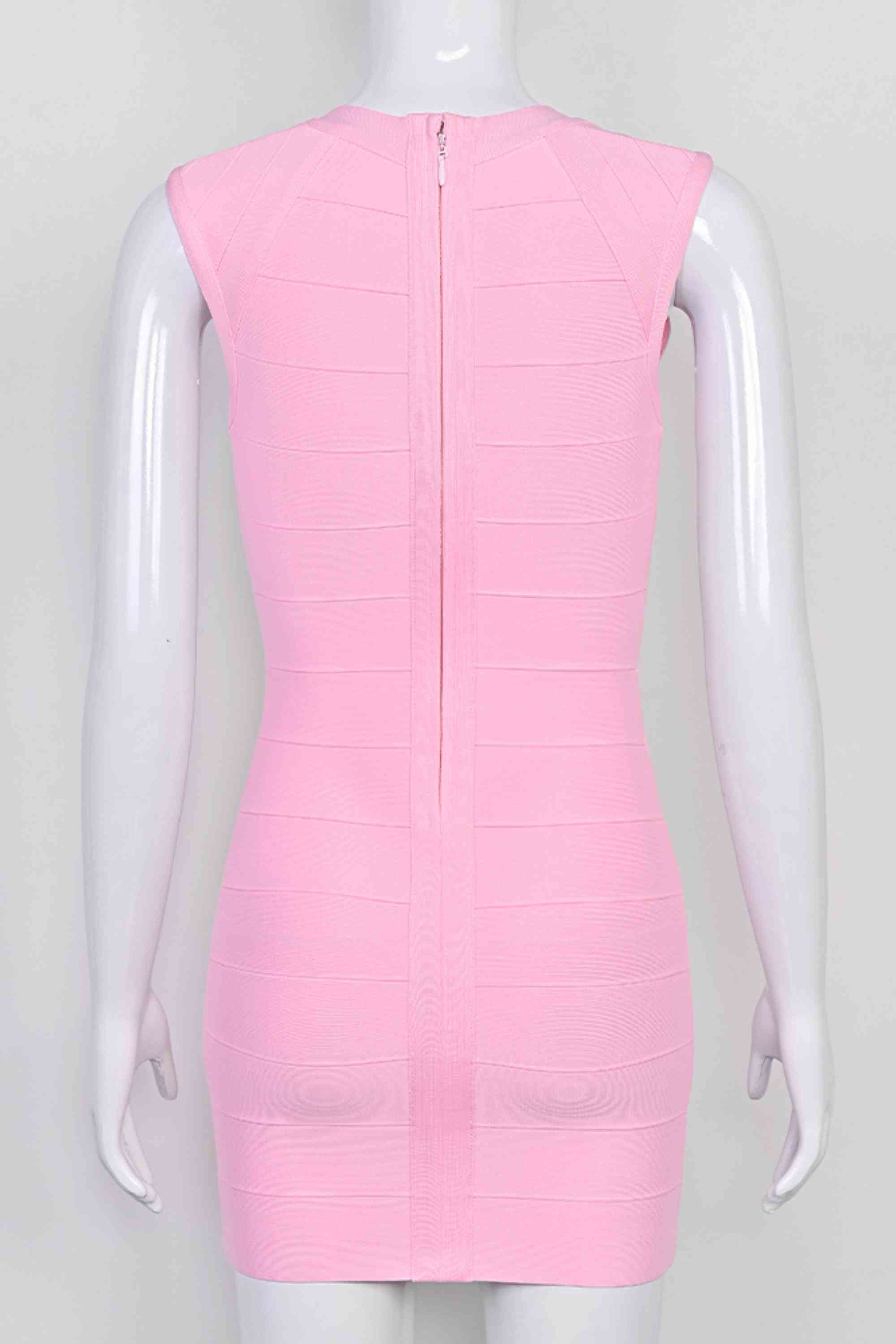 Woman wearing a figure flattering  Sabrina Bandage Mini Dress - Dusty Pink BODYCON COLLECTION Pty Ltd