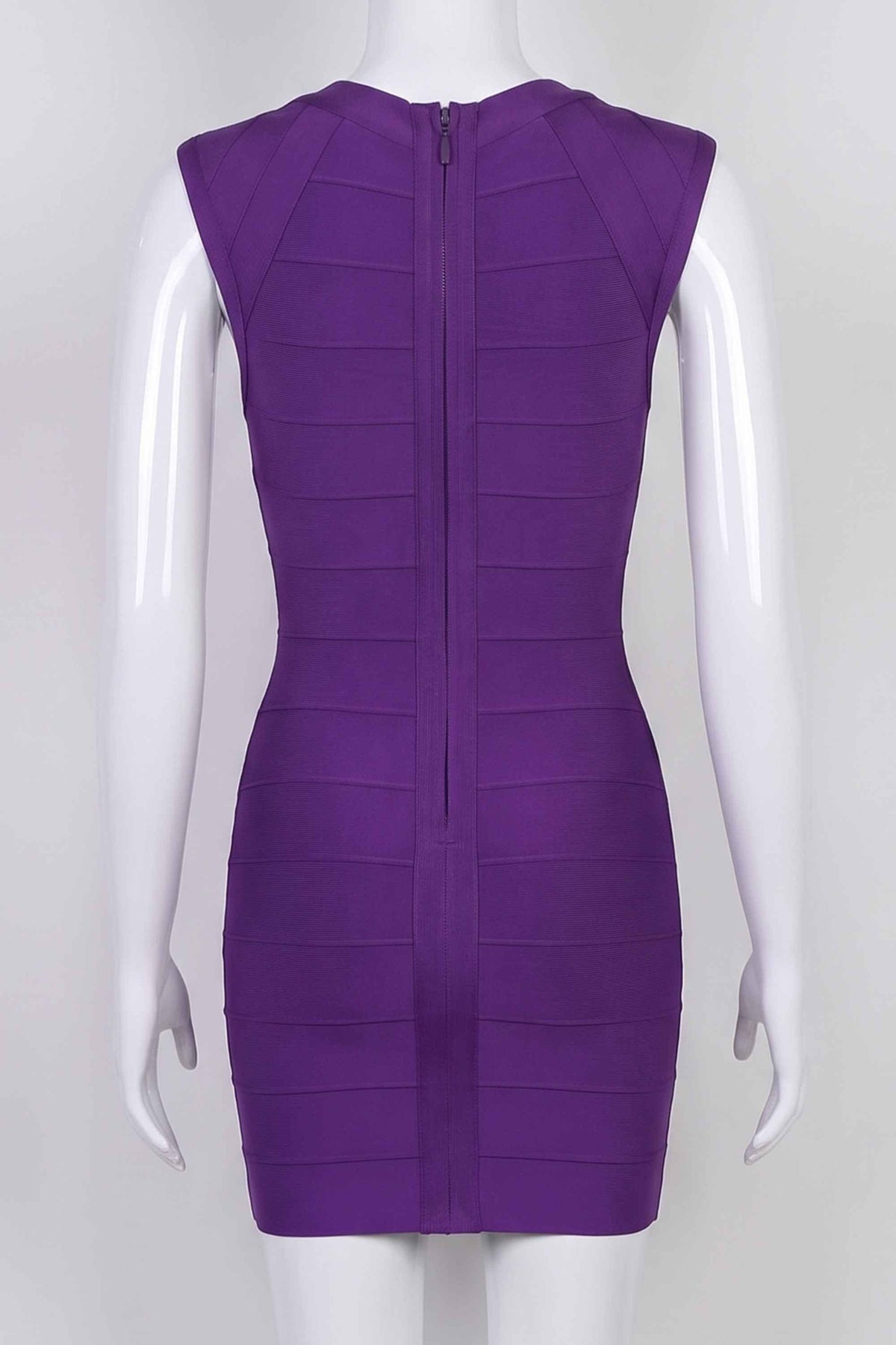 Woman wearing a figure flattering  Sabrina Bandage Mini Dress - Plum Purple BODYCON COLLECTION Pty Ltd