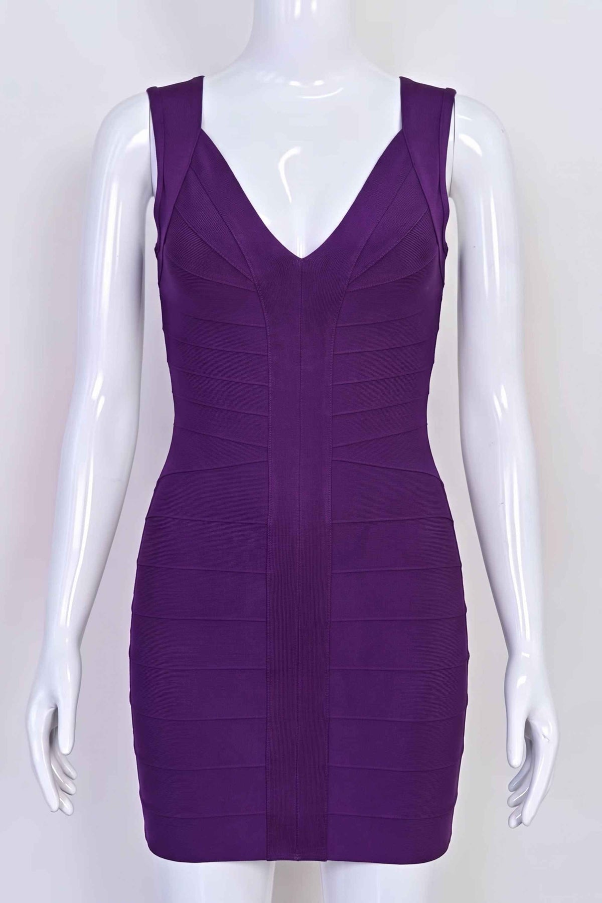 Woman wearing a figure flattering  Sabrina Bandage Mini Dress - Plum Purple BODYCON COLLECTION Pty Ltd