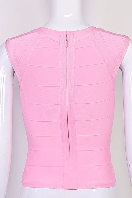 Woman wearing a figure flattering  Sabrina Bandage Top - Dusty Pink BODYCON COLLECTION Pty Ltd