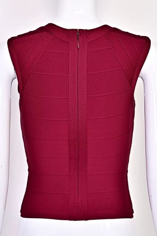 Woman wearing a figure flattering  Sabrina Bandage Top - Red Wine BODYCON COLLECTION Pty Ltd