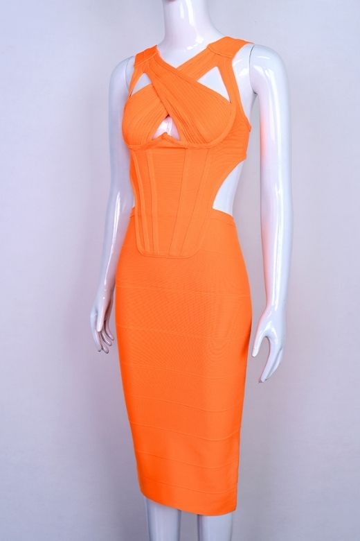 Woman wearing a figure flattering  Sasha Bandage Midi Dress - Apricot Orange BODYCON COLLECTION