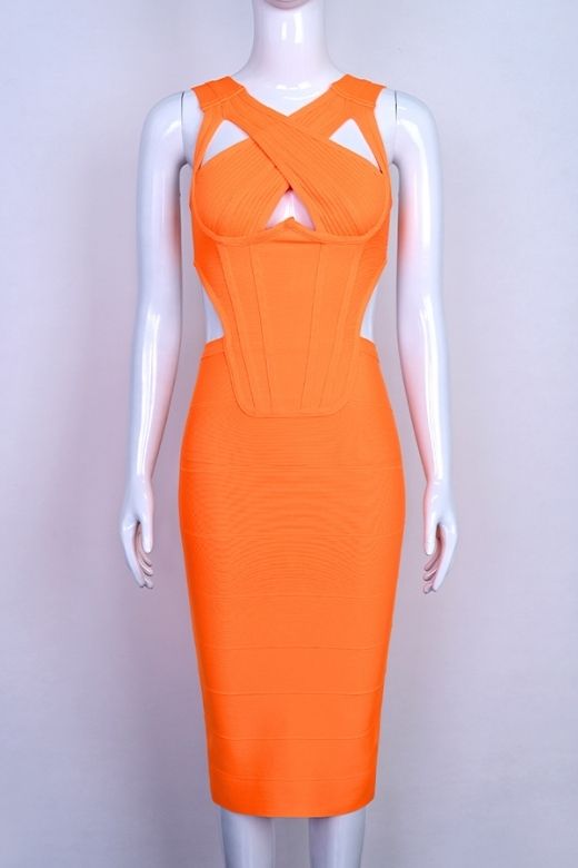 Woman wearing a figure flattering  Sasha Bandage Midi Dress - Apricot Orange BODYCON COLLECTION