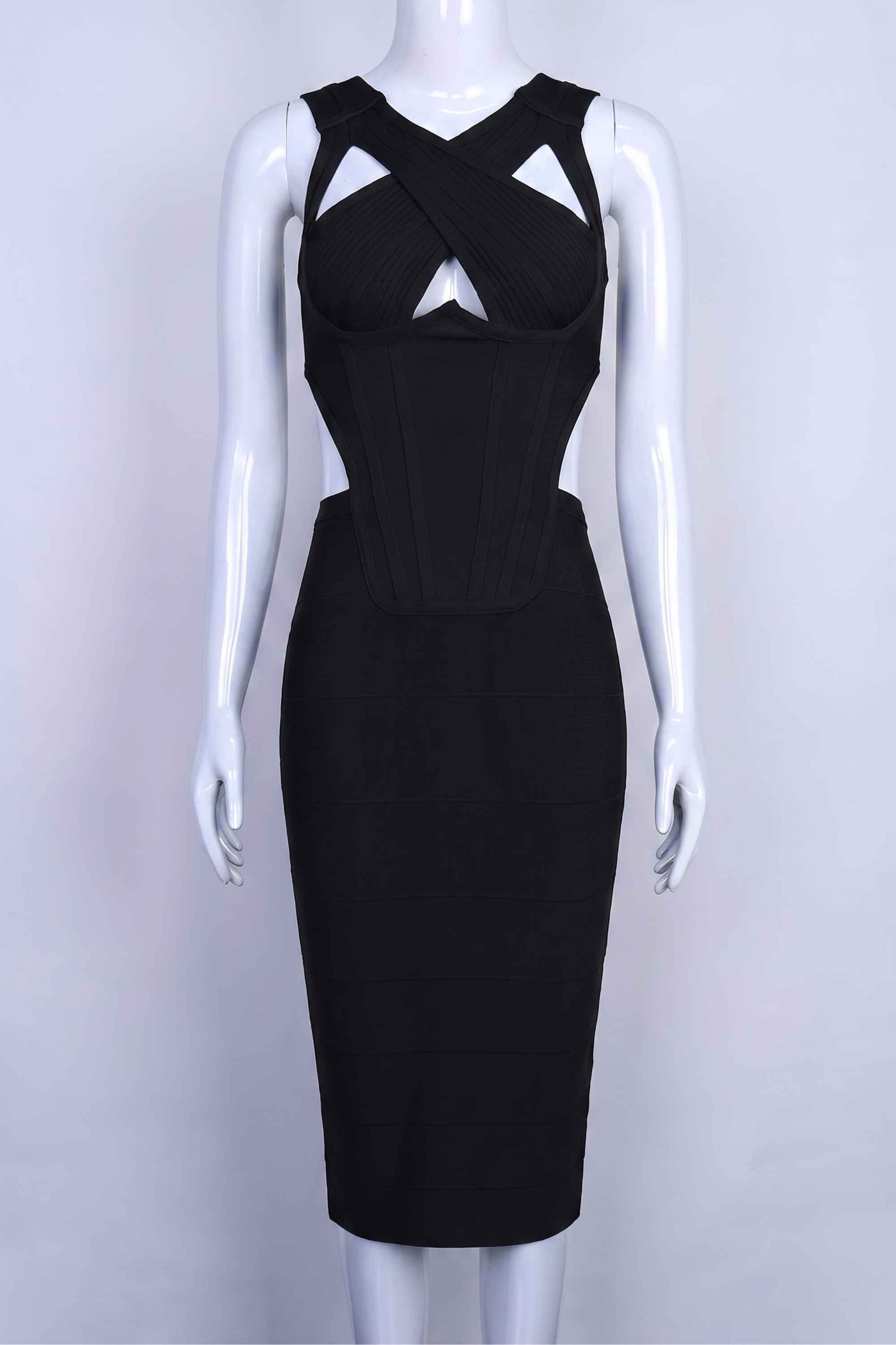 Woman wearing a figure flattering  Sasha Bandage Midi Dress - Classic Black BODYCON COLLECTION