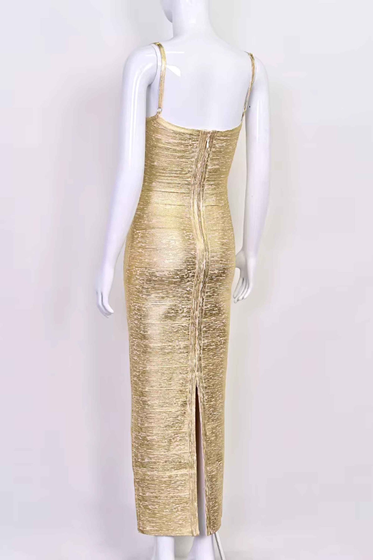 Woman wearing a figure flattering  Scarlett Bandage Maxi Dress - Gold BODYCON COLLECTION Pty Ltd