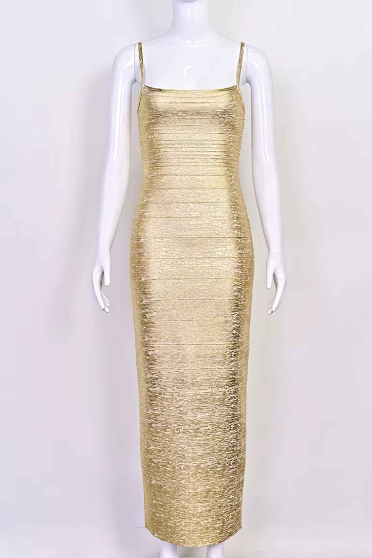 Woman wearing a figure flattering  Scarlett Bandage Maxi Dress - Gold BODYCON COLLECTION Pty Ltd