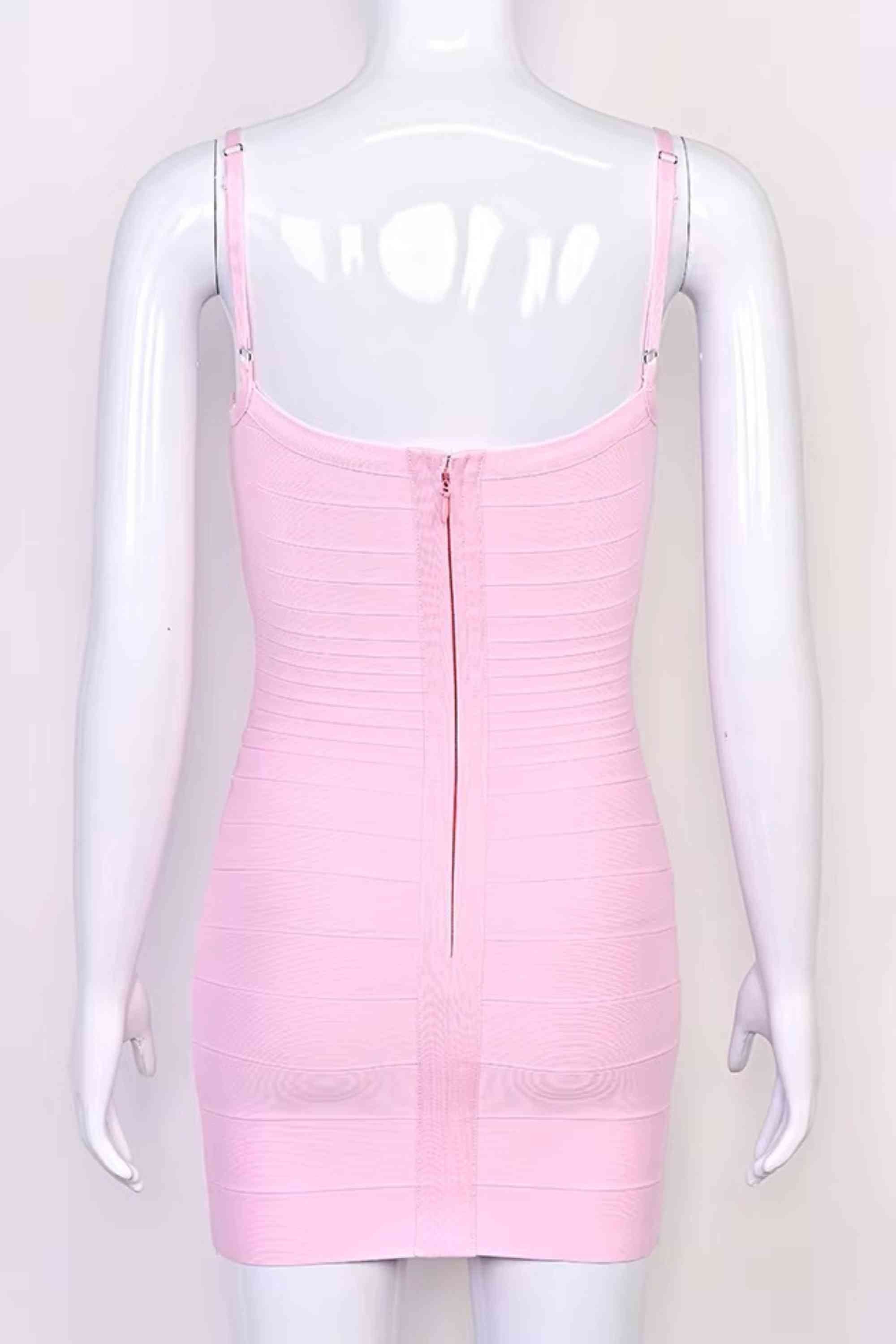 Woman wearing a figure flattering  Scarlett Bandage Mini Dress - Dusty Pink BODYCON COLLECTION Pty Ltd