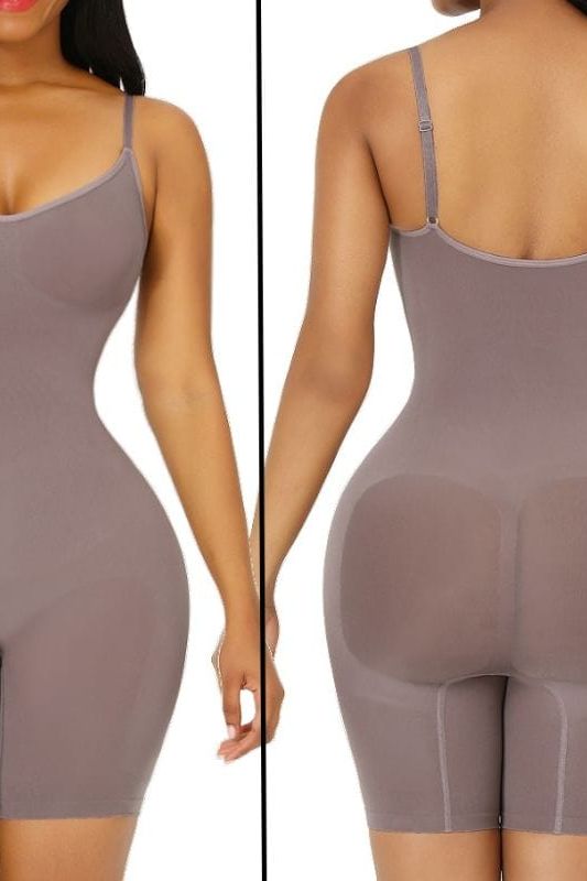 Woman wearing a figure flattering  Sculpting One Piece Bodysuit Shapewear - Mid Thigh Bodycon Collection