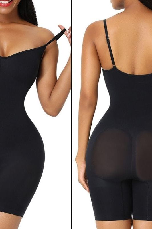 Woman wearing a figure flattering  Sculpting One Piece Bodysuit Shapewear - Mid Thigh Bodycon Collection