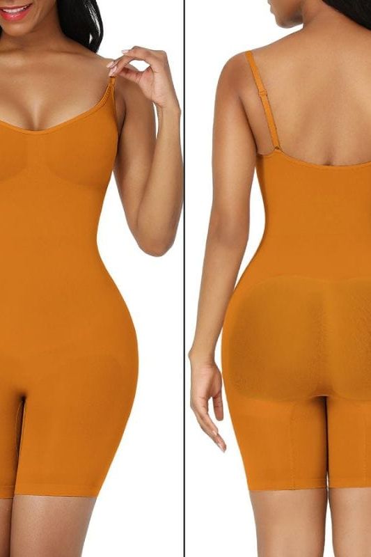 Woman wearing a figure flattering  Sculpting One Piece Bodysuit Shapewear - Mid Thigh Bodycon Collection