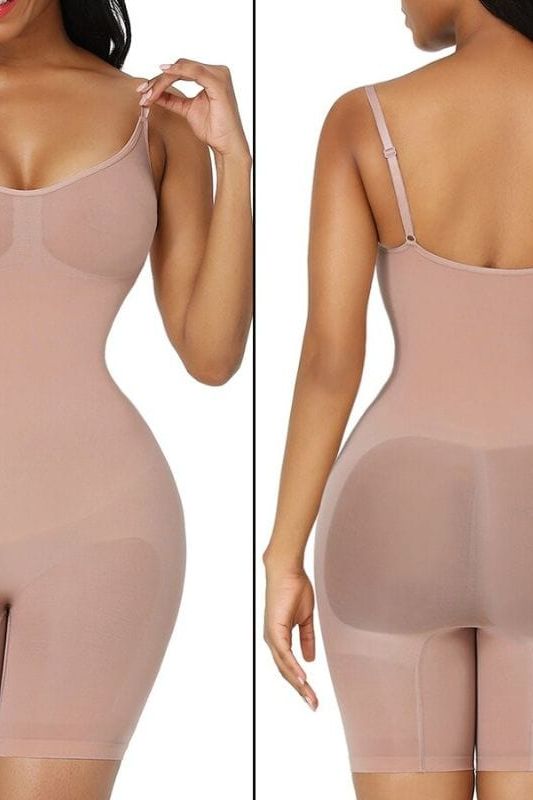 Woman wearing a figure flattering  Sculpting One Piece Bodysuit Shapewear - Mid Thigh Bodycon Collection