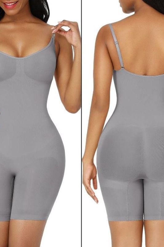 Woman wearing a figure flattering  Sculpting One Piece Bodysuit Shapewear - Mid Thigh Bodycon Collection