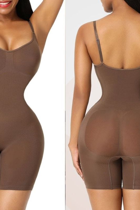 Woman wearing a figure flattering  Sculpting One Piece Bodysuit Shapewear - Mid Thigh Bodycon Collection