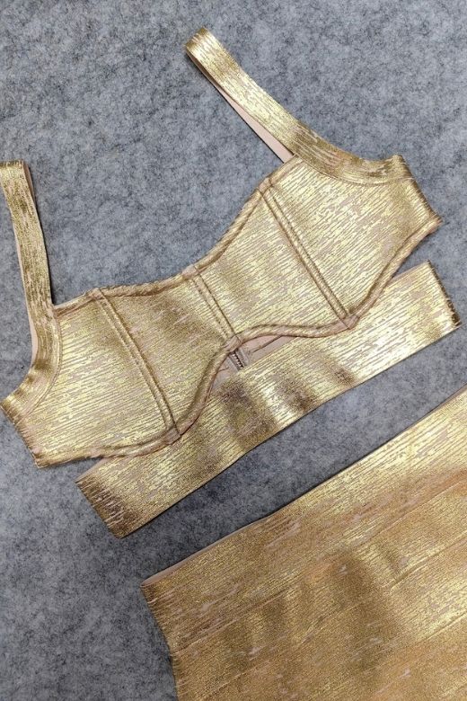 Woman wearing a figure flattering  Selene Bandage Crop Top and Midi Skirt Set - Gold BODYCON COLLECTION Pty Ltd