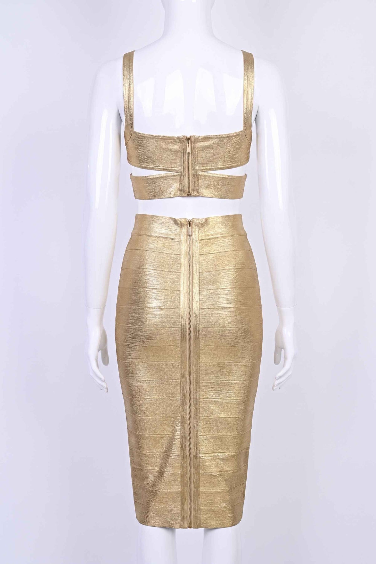 Woman wearing a figure flattering  Selene Bandage Crop Top and Midi Skirt Set - Gold BODYCON COLLECTION Pty Ltd