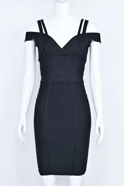Woman wearing a figure flattering  Sia Bandage Dress - Classic Black Bodycon Collection