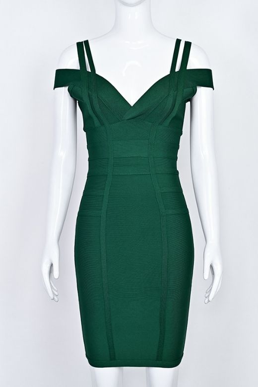 Woman wearing a figure flattering  Sia Bandage Dress - Emerald Green Bodycon Collection