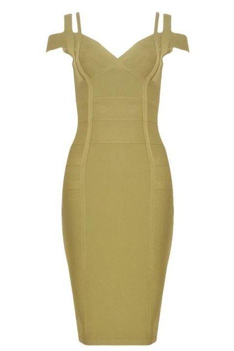 Woman wearing a figure flattering  Sia Bandage Dress - Olive Green Bodycon Collection