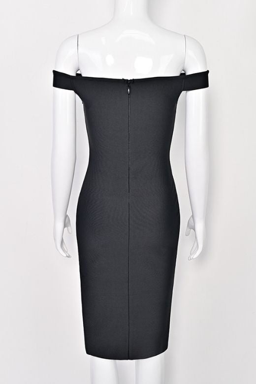 Woman wearing a figure flattering  Sofie Off Shoulder Bodycon Dress - Classic Black BODYCON COLLECTION