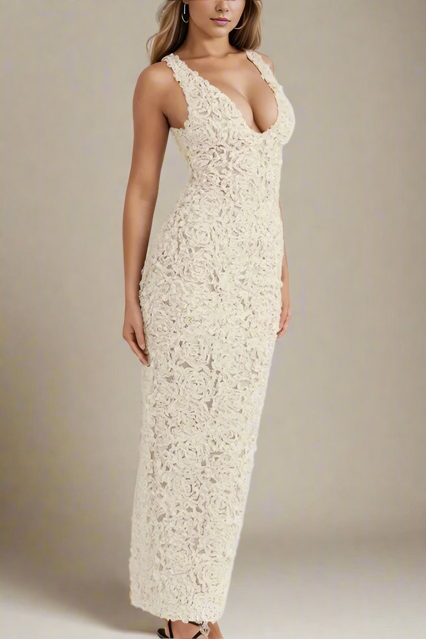 Woman wearing a figure flattering  Sonia Bodycon Maxi Dress - Pearl White BODYCON COLLECTION