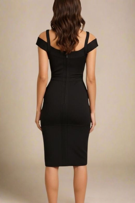 Woman wearing a figure flattering  Sophia Bandage Dress - Classic Black Bodycon Collection