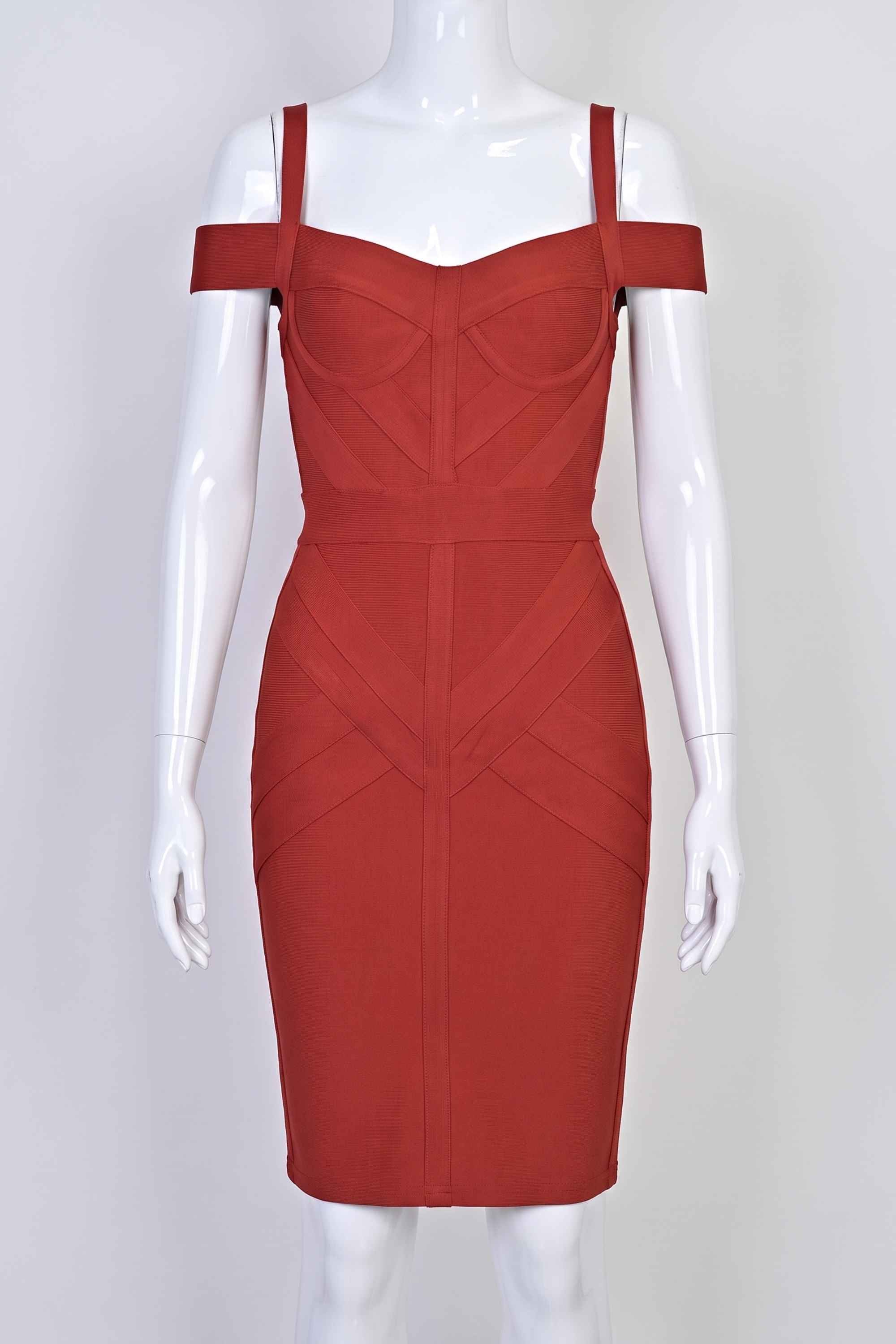 Woman wearing a figure flattering  Sophia Bandage Dress - Lipstick Red Bodycon Collection