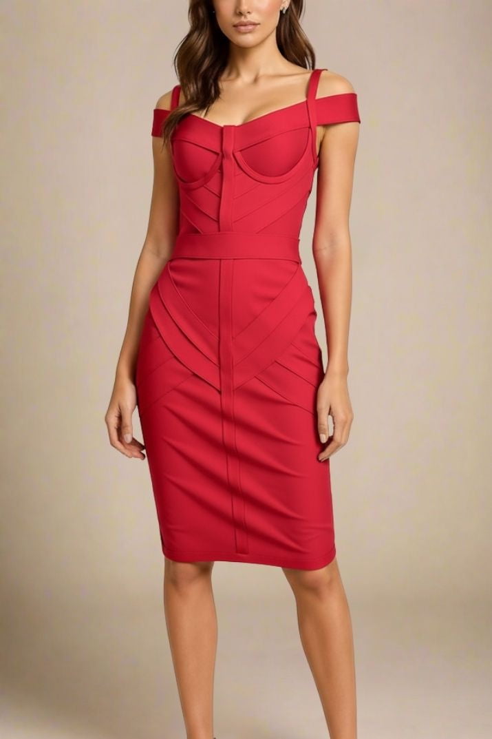Woman wearing a figure flattering  Sophia Bandage Dress - Lipstick Red Bodycon Collection