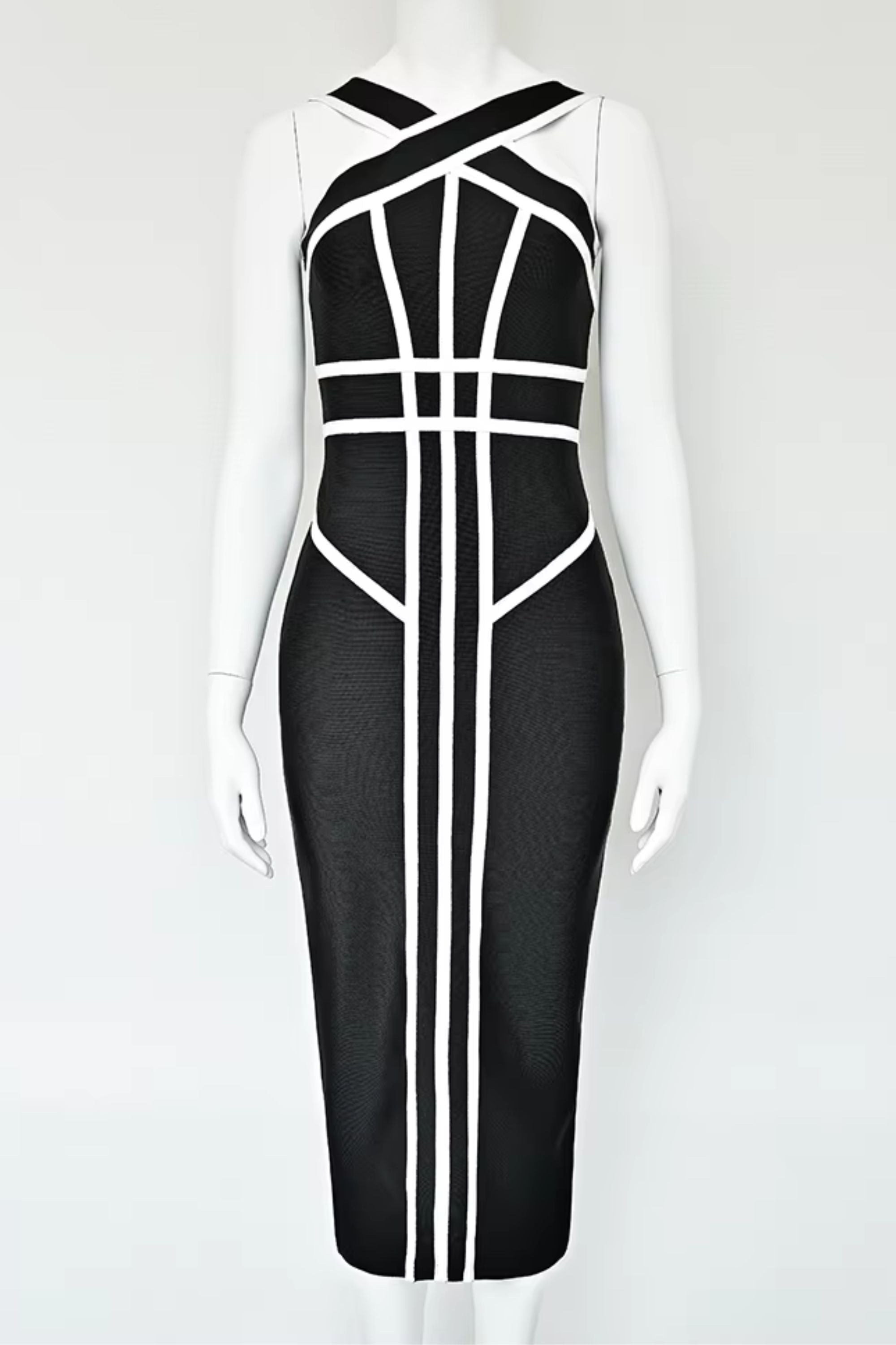 Woman wearing a figure flattering  Suki Bandage Midi Dress - Classic Black BODYCON COLLECTION