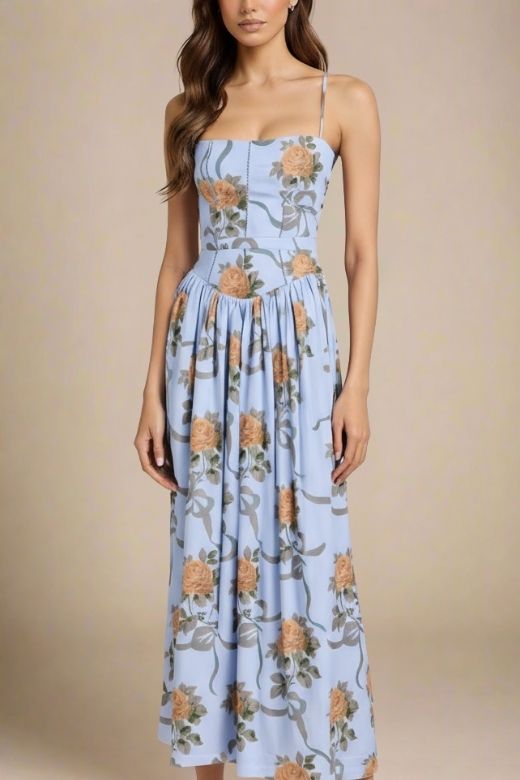 Woman wearing a figure flattering  Tasmin Midi Dress - Sky Blue BODYCON COLLECTION