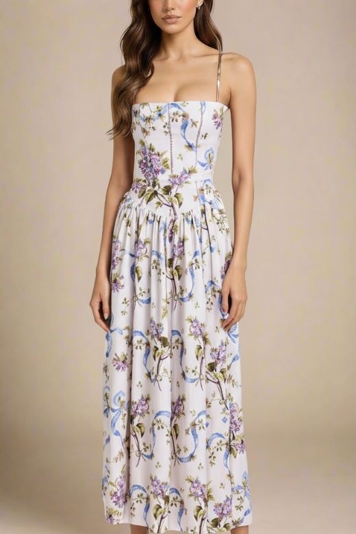 Woman wearing a figure flattering  Tasmin Midi Dress - White Floral BODYCON COLLECTION