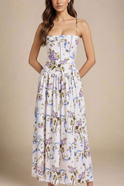 Woman wearing a figure flattering  Tasmin Midi Dress - White Floral BODYCON COLLECTION