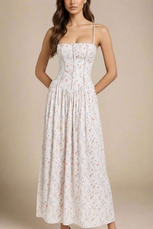 Woman wearing a figure flattering  Tasmin Midi Dress - White Print BODYCON COLLECTION