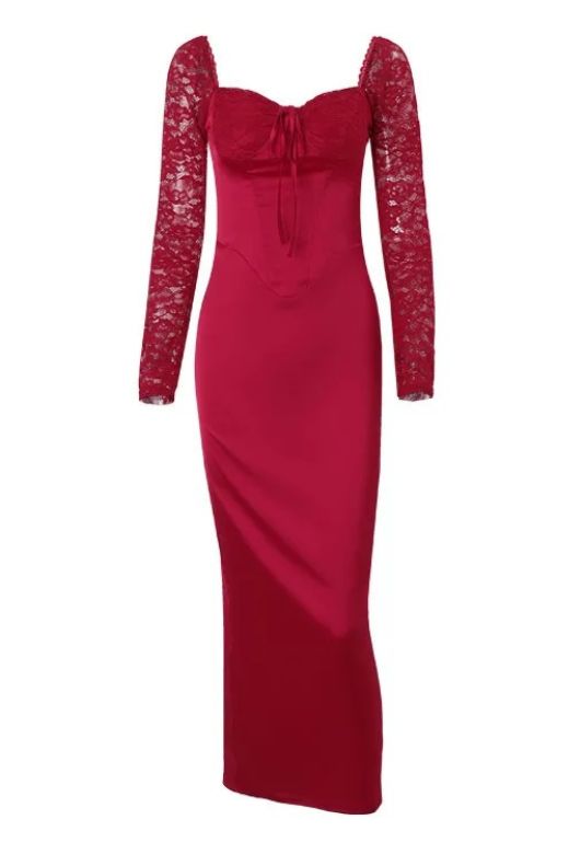 Woman wearing a figure flattering  Tess Long Sleeve Bodycon Maxi Dress - Lipstick Red BODYCON COLLECTION