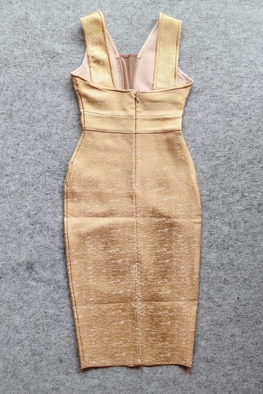 Woman wearing a figure flattering  Tyler Bodycon Dress - Gold BODYCON COLLECTION Pty Ltd