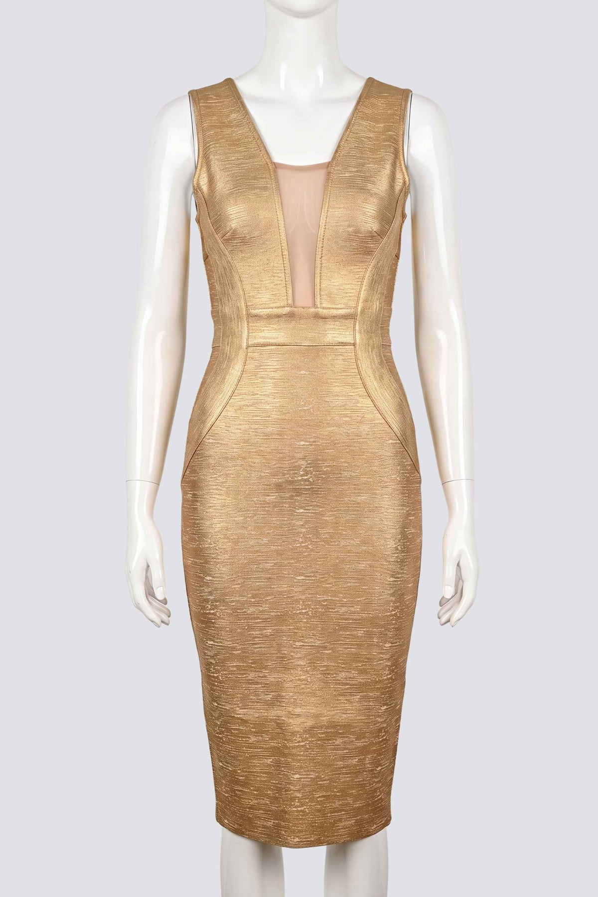 Woman wearing a figure flattering  Tyler Bodycon Dress - Gold BODYCON COLLECTION Pty Ltd