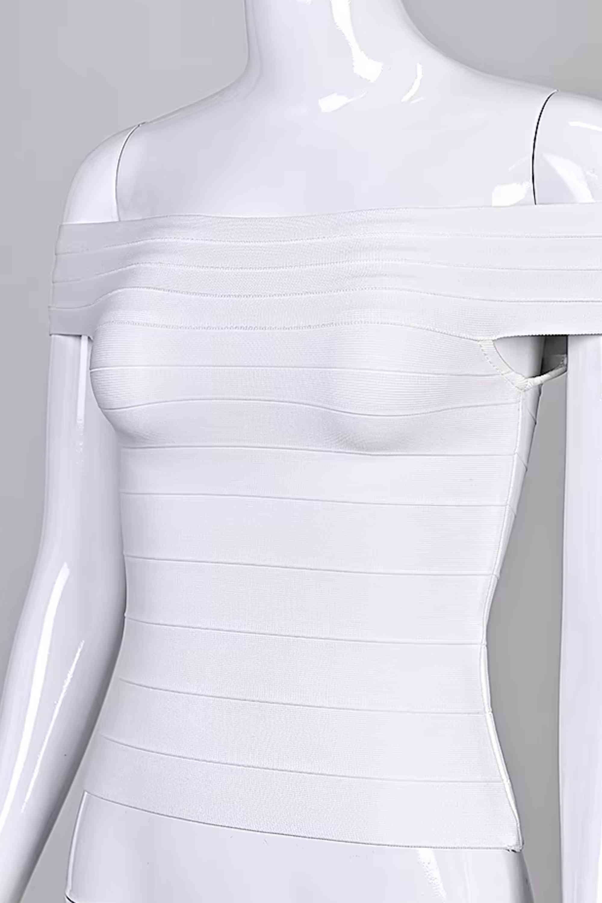 Woman wearing a figure flattering  Vera Bandage Off Shoulder Top - White Pearl BODYCON COLLECTION Pty Ltd
