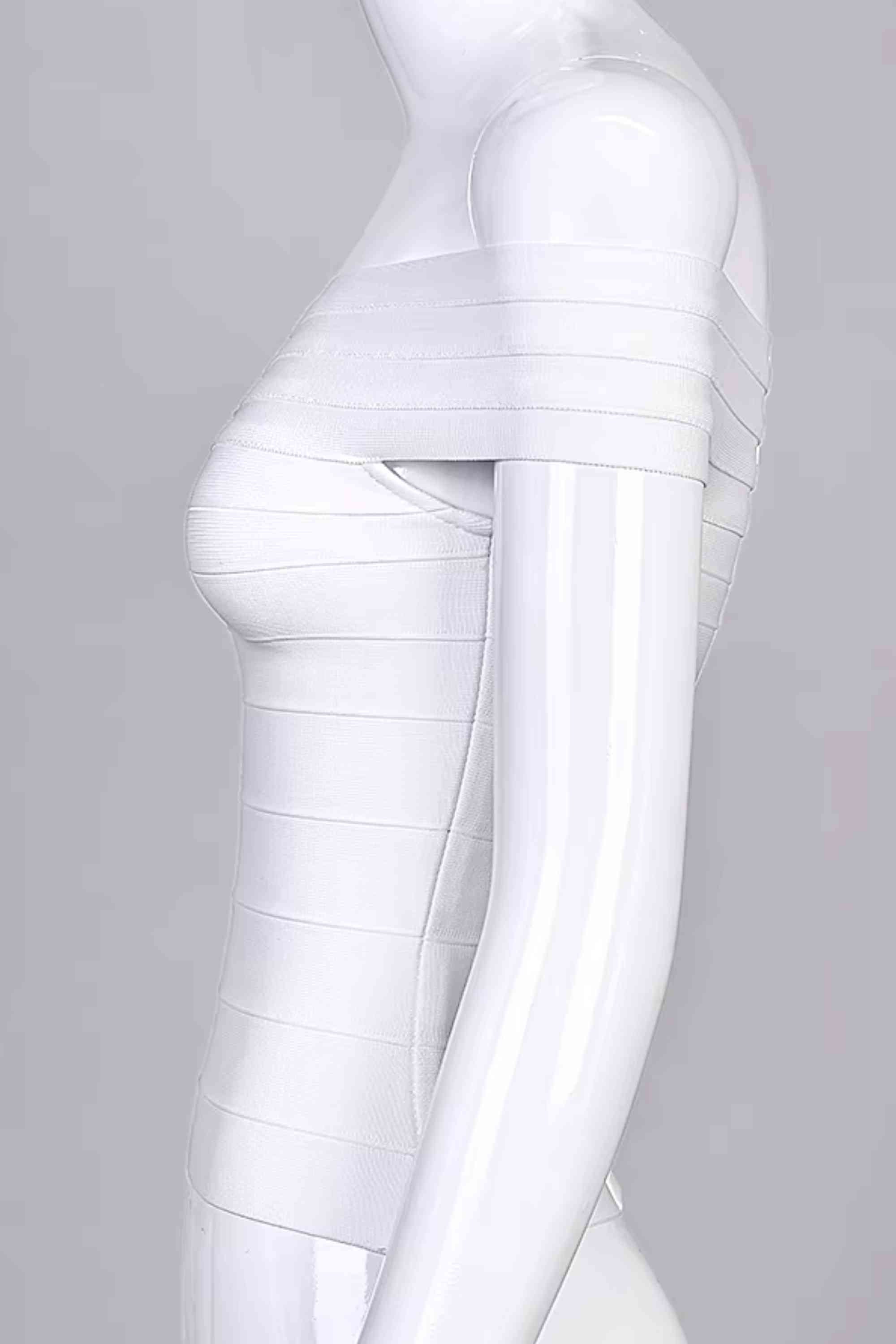 Woman wearing a figure flattering  Vera Bandage Off Shoulder Top - White Pearl BODYCON COLLECTION Pty Ltd