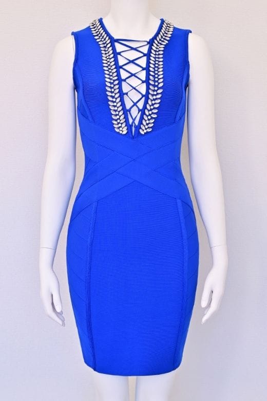 Woman wearing a figure flattering  Vivian Bandage Dress - Royal Blue BODYCON COLLECTION Pty Ltd