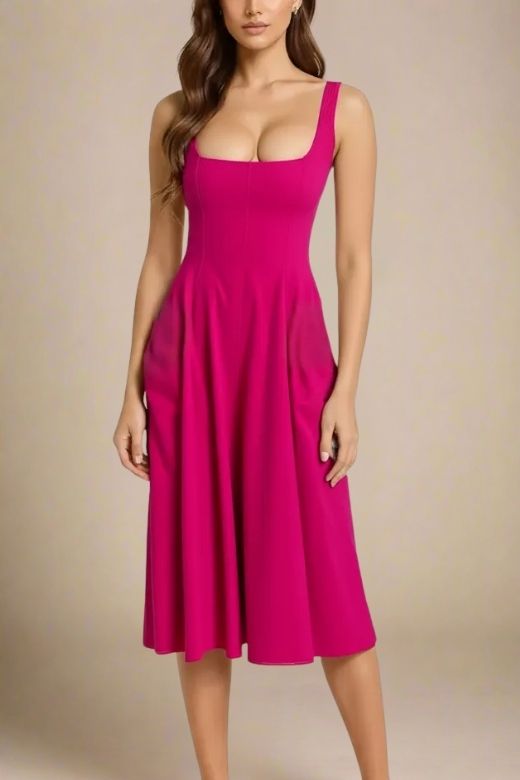 Woman wearing a figure flattering  Willa Midi Dress - Magenta Pink BODYCON COLLECTION Pty Ltd