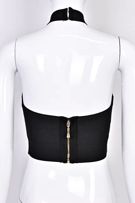 Woman wearing a figure flattering  Willow Bandage Crop Top - Classic Black BODYCON COLLECTION Pty Ltd