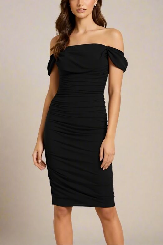 Woman wearing a figure flattering  Zia Bodycon Wrap Dress - Classic Black Bodycon Collection