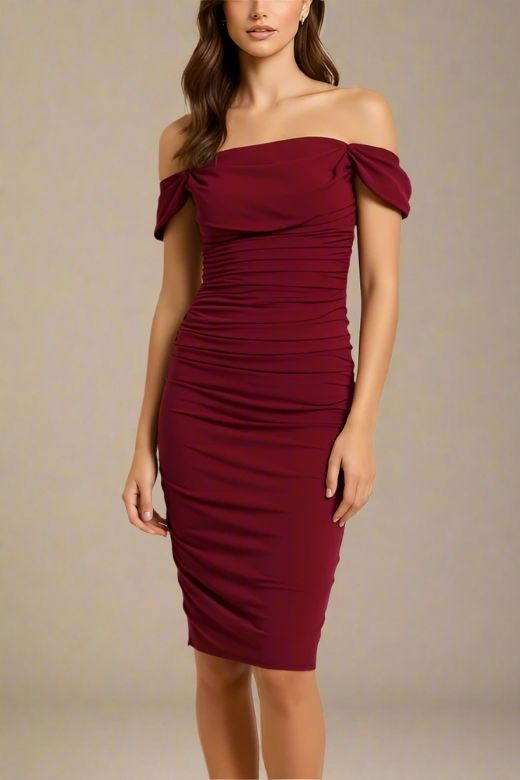 Woman wearing a figure flattering  Zia Bodycon Wrap Dress - Red Wine Bodycon Collection