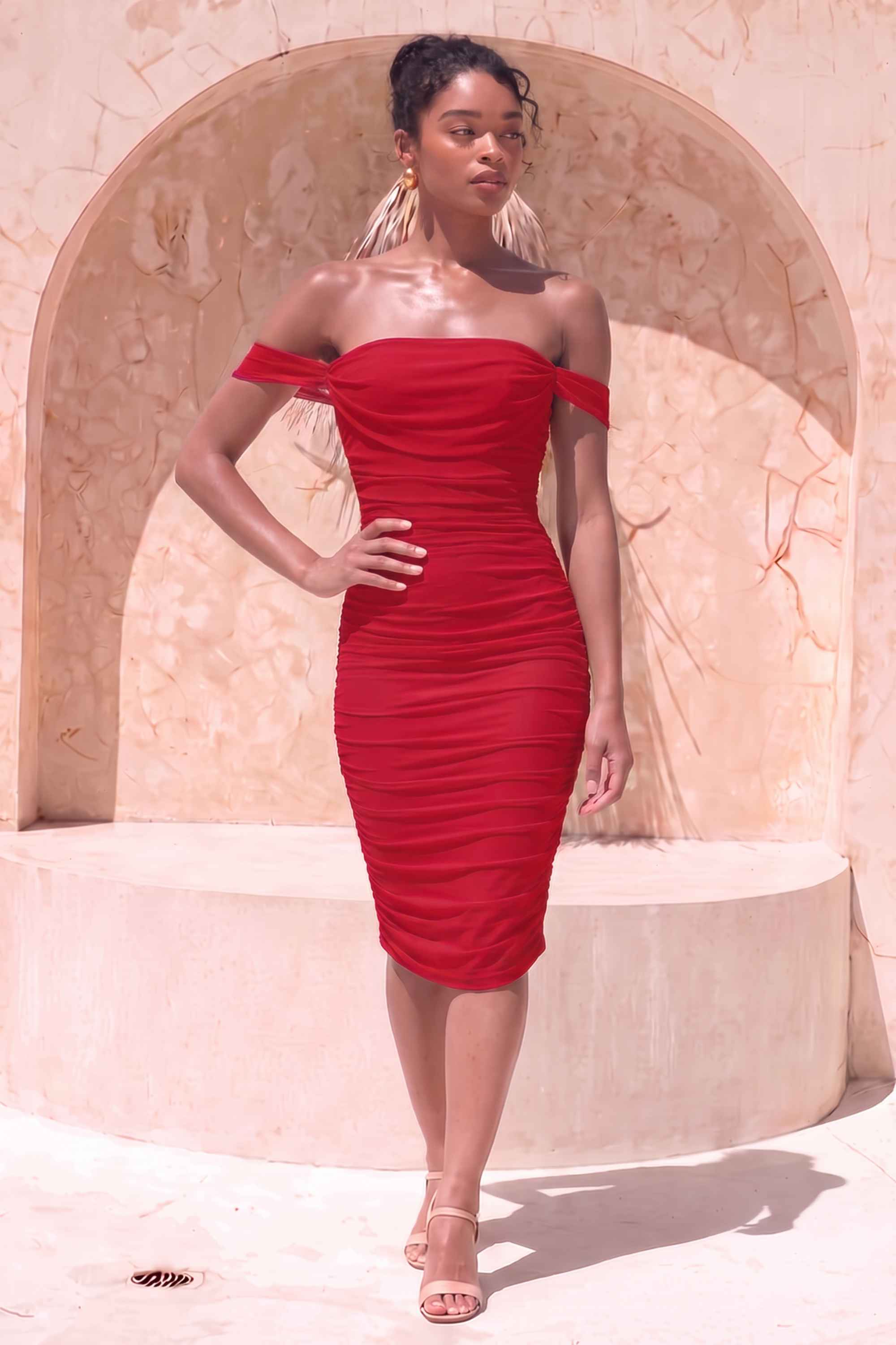 Woman wearing a figure flattering  Zia Bodycon Wrap Dress - Red Wine Bodycon Collection