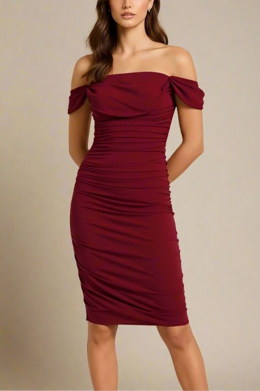 Woman wearing a figure flattering  Zia Bodycon Wrap Dress - Red Wine Bodycon Collection