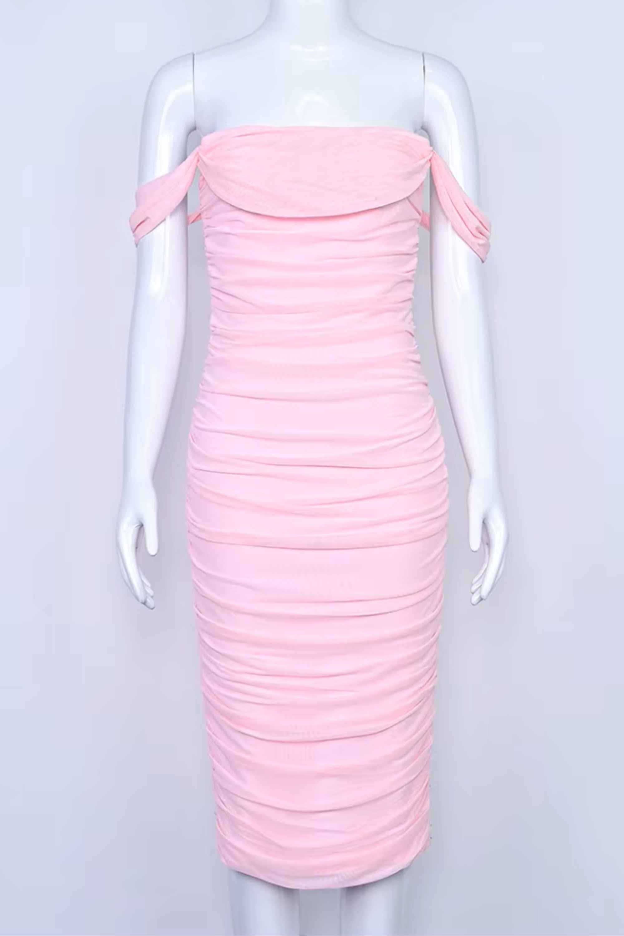 Woman wearing a figure flattering  Zia Bodycon Wrap Midi Dress - Dusty Pink Bodycon Collection