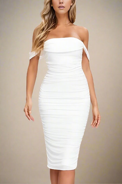 Woman wearing a figure flattering  Zia Bodycon Wrap Midi Dress - Pearl White Bodycon Collection