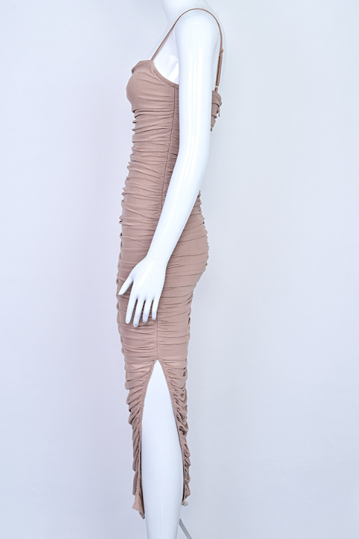 Woman wearing a figure flattering  Zoe Bodycon Wrap Maxi Dress - Tan Brown Bodycon Collection