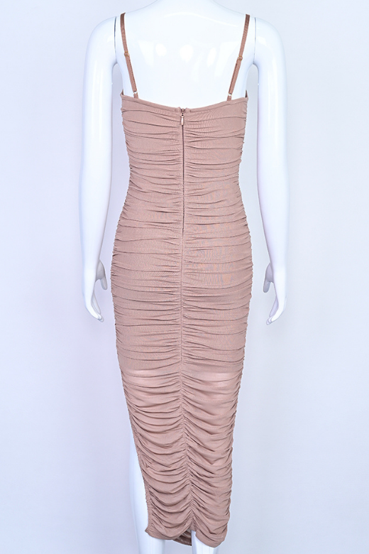 Woman wearing a figure flattering  Zoe Bodycon Wrap Maxi Dress - Tan Brown Bodycon Collection